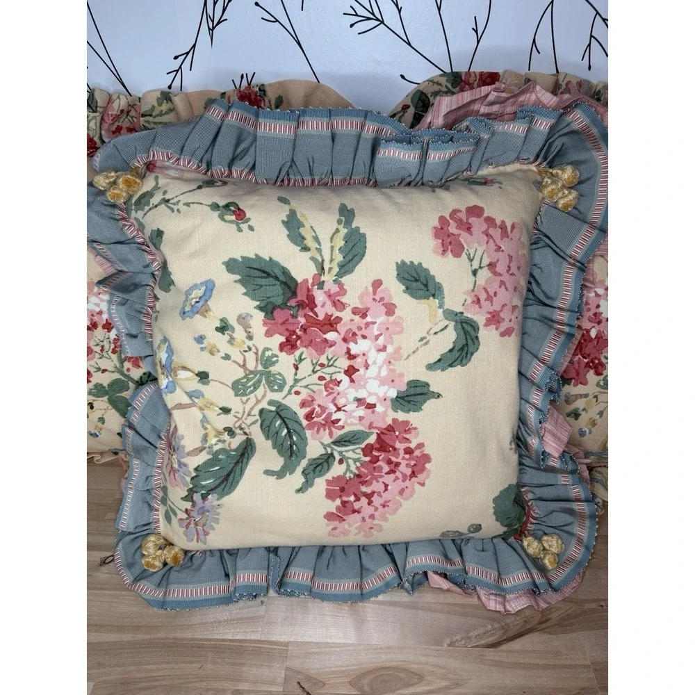 VTG Floral Shabby Chic Ruffled Corded Pillows 18x18 Set of 3 Granny/Cottage Core